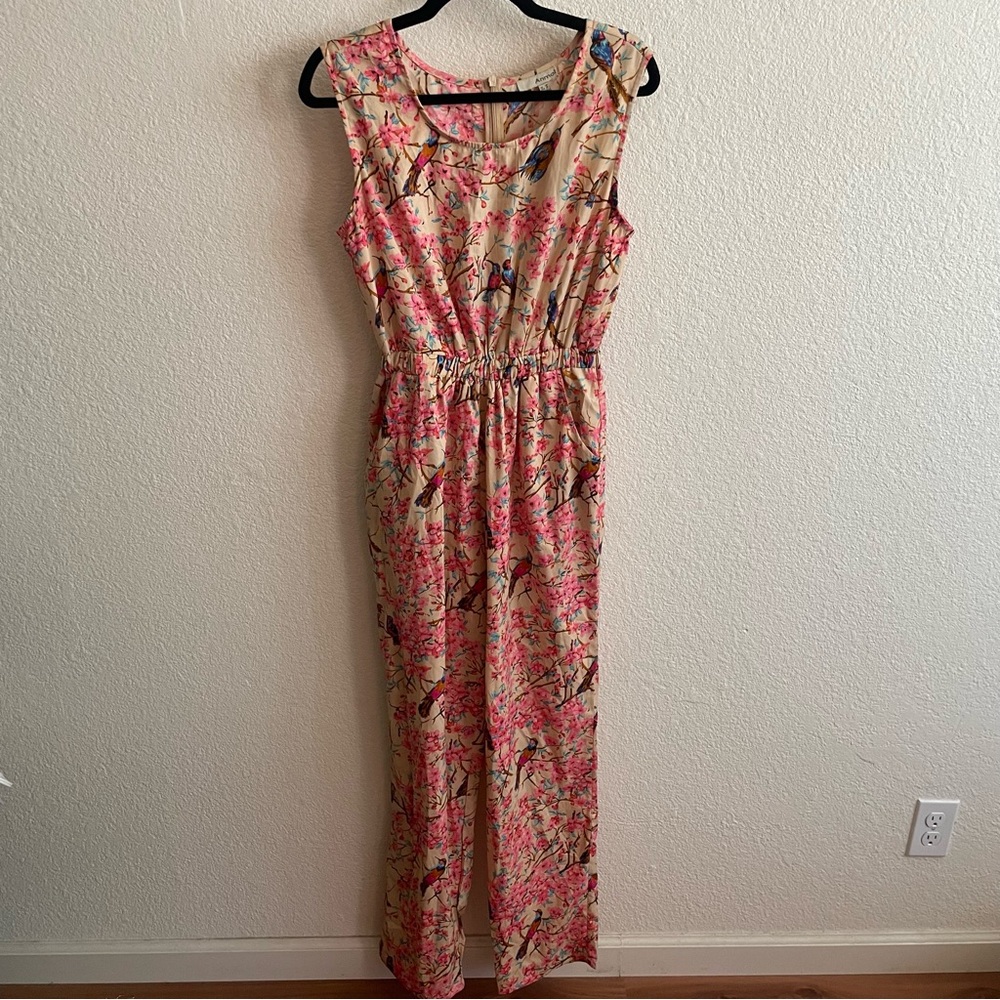 Anmol Bird Print Cherry Blossoms Wide Leg Jumpsuit